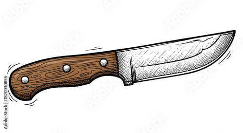 Rustic knife hand-drawn sketch, presented as a flat 2D vector illustration with a vintage aesthetic, isolated on a clean white background, conveying history and utility.