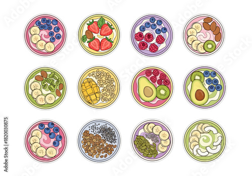 Variety of Colorful & Healthy Smoothie Bowls with Fruits and Granola