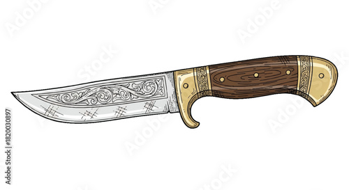 Classic vintage knife presented as a detailed 2D flat vector illustration, featuring intricate engraved handle details and a sharp blade, isolated on a clean white background.