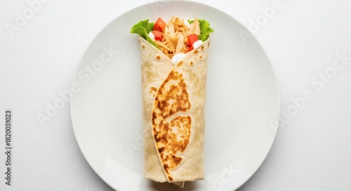 Overhead shot of chicken wrap on white plate.