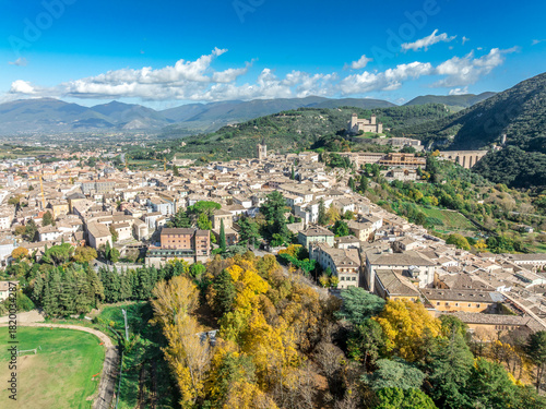 Spoleto Aerial: Medieval Charm, Rocca Albornoziana Fortress and Iconic Ponte delle Torri Spanning Umbrian Valley