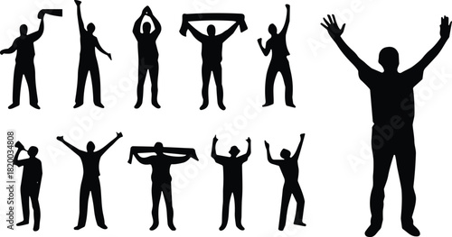 Cheering silhouette group, celebration pose, raised arms, sports fans, energetic gesture, vector graphic, bold, minimal, cartoon, art