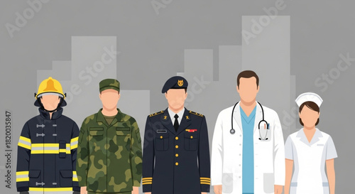 Diverse Professionals United Firefighter, Soldier, Officer, Doctor, and Nurse Symbolizing Public Service and Essential Roles