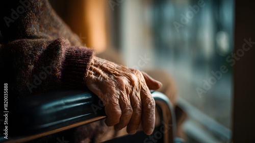 Close-up of an elderly persons wrinkled hand resting on a wheelchair armrest, conveying age and vulnerability.