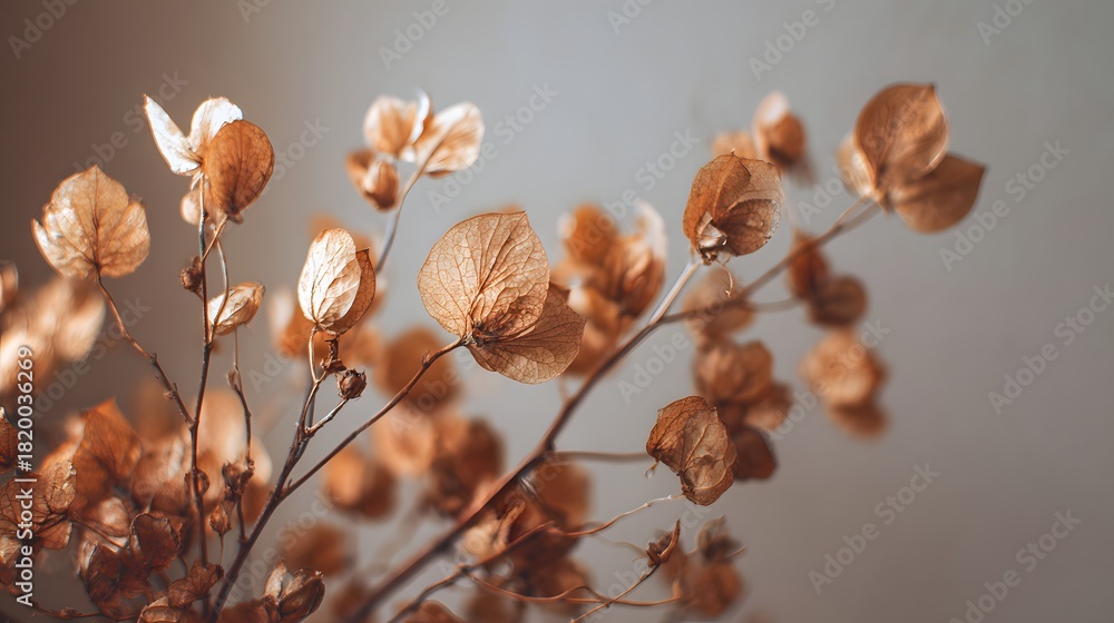Naklejka premium Close-up of dried eucalyptus leaves on a branch against a soft, neutral background, creating a minimalist and natural aesthetic.