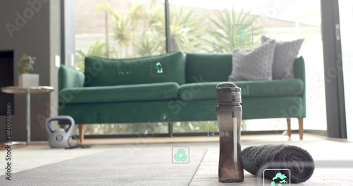 On start HUD icons fading, gliding, clustering around brown water bottle and towel, showing metrics