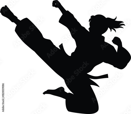 Martial arts silhouette, flying kick, black background, karate action, dynamic pose, athlete mid-air, traditional uniform, combat skill, discipline, strength