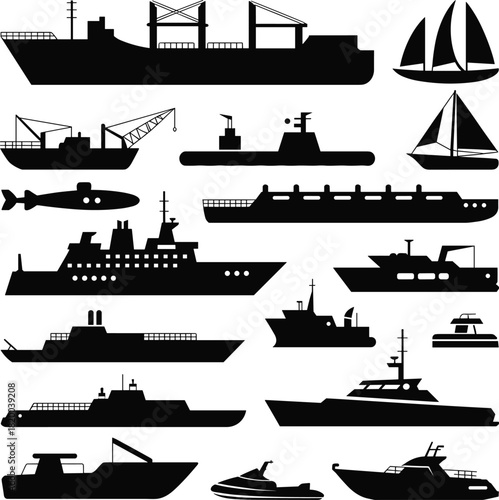 ship silhouettes, boat icons, maritime vessels, cargo ship, sailboat, submarine, cruise ship, fishing boat, yacht, speedboat, watercraft, transportation, nautical, ocean travel 