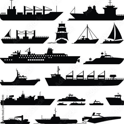 Ship silhouettes, cargo vessels, sailboats, submarines, fishing boats, cruise liners, maritime icons, naval ships, ocean transport, nautical design, marine collection