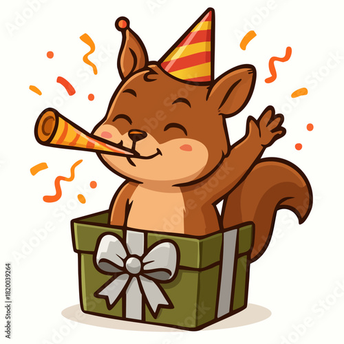 Cheerful Cartoon Squirrel Celebrating Inside Gift Box With Party Hat and Noisemaker