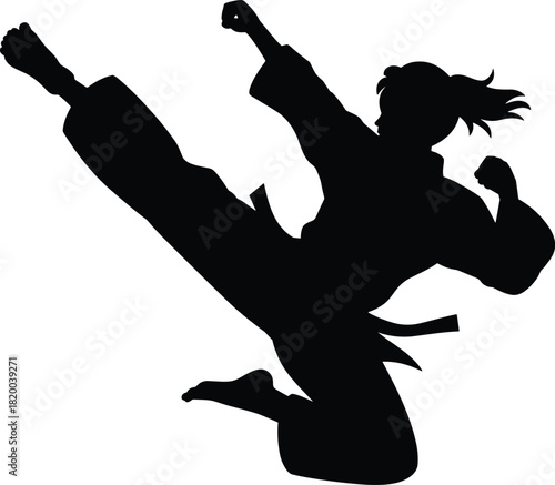 Martial arts silhouette, flying kick, self-defense, karate pose, dynamic action, black background, athlete, discipline, strength, combat training