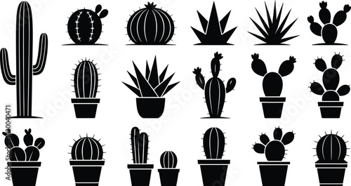 Cactus and succulent plant collection featuring various desert species, potted cacti, agave shapes, and botanical silhouettes in modern vector illustration