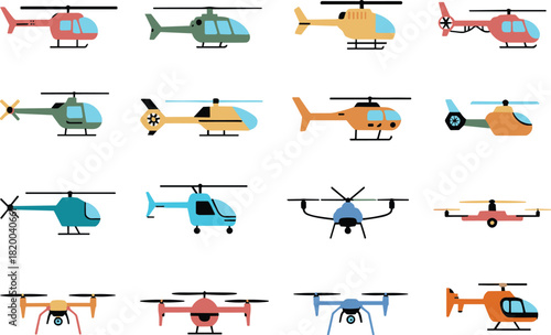 Collection of colorful helicopter and drone icons showing various aircraft designs, aviation vehicles, emergency transport, flying machines, and modern air transport illustration