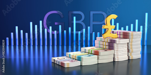 Stacked British pound banknotes with golden GBP symbol and financial growth chart