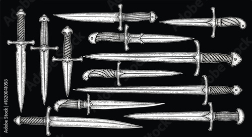 Medieval cold weapons collection of antique swords and sharp knives, rendered in a dramatic flat 2D engraving-style illustration set against a deep black background, evoking historical combat.
