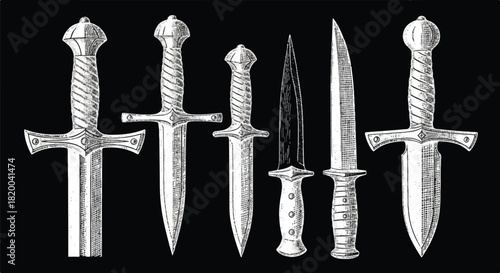 Detailed 2D flat drawing of antique engraving line art featuring a collection of medieval swords and knives displayed sharply against a stark black background.