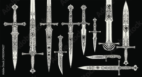A set of engraved medieval warrior weapons, including various longswords and sharp knives, is presented as a vintage 2D flat line art illustration isolated on a stark black background.
