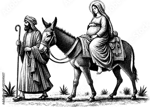 Mary riding a donkey and Joseph walking beside hand-drawn engraving-style 
