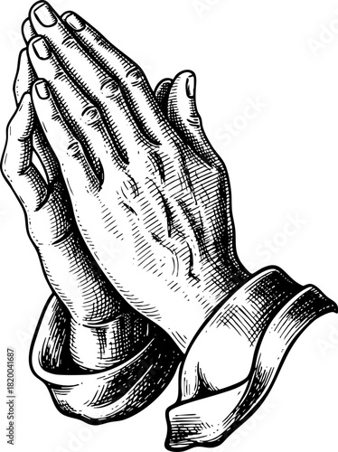 The prayer hands engraving style illustration shows praying hands in the prayer hands engraving style illustration. In detailed prayer hands engraving style illustration shows clasped hands.