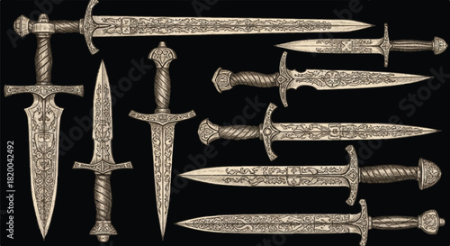 A comprehensive flat 2D medieval weapon collection showcases detailed engraved swords, sharp daggers, and antique utility knives rendered in a vintage sketch style on a dramatic black background.