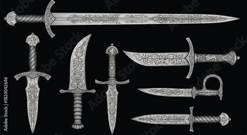 Engraved medieval swords and antique cold weapon set, featuring detailed hilts and blades, presented as a flat 2D vector illustration on a dramatic black background.