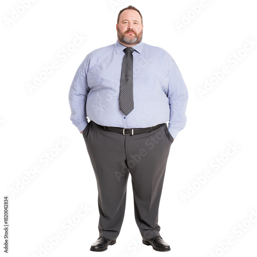 Overweight Businessman Standing with Hands in Pockets, Isolated on Transparent Background