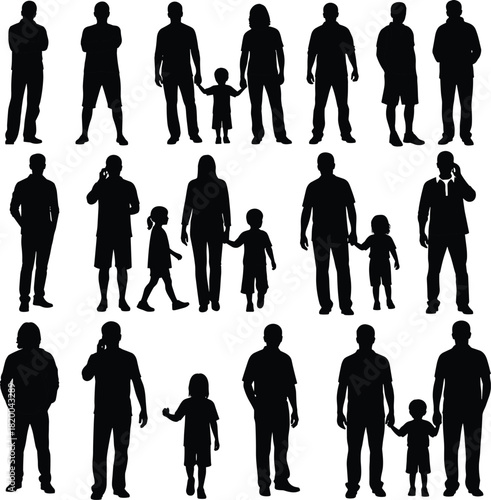 Collection of diverse adult and child silhouettes standing, walking and interacting, representing family, community, parenting, lifestyle and modern human figure concepts
