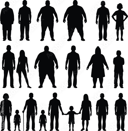 Collection of diverse human silhouettes representing different ages, body types, genders, families, and individuals for inclusive community, society, and population concepts