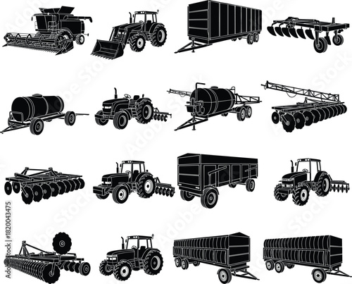 Collection of detailed black agricultural machinery silhouettes including tractors, harvesters, trailers and farm equipment for rural industry artwork