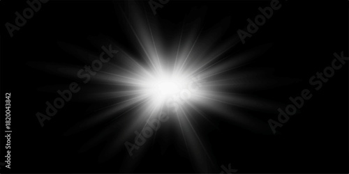 Abstract explosion of light, a bright starburst with blue and color rays flashing across a dark space background, illustrating digital energy and motion