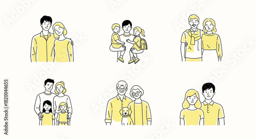 Diverse Modern Family & Couple Line Art Illustrations Set - Minimalist Vector Graphics