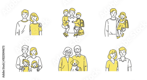Diverse Modern Family & Couple Line Art Illustrations Set - Minimalist Vector Graphics
