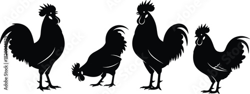Collection of rooster silhouettes in various standing and feeding poses, showcasing farm animal artwork for agriculture, poultry, and rural themed designs