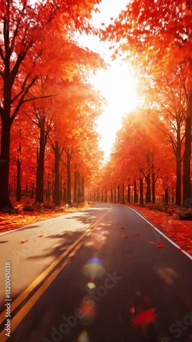 Autumn road with vibrant red trees