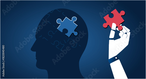 AIが人間の思考力を奪う。人間からパズルピースを抜き取る人工知能の手のイラスト