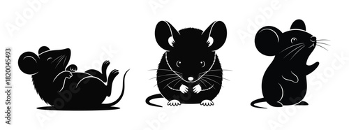 Set of Black Mice Poses Playful, Curious, and Resting Silhouettes for Design