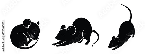 A collection of black mouse silhouettes in various poses like sleeping, stretching, and running