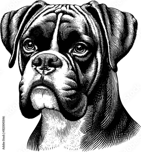 A hand-drawn engraving-style illustration of Boxer dog headshot