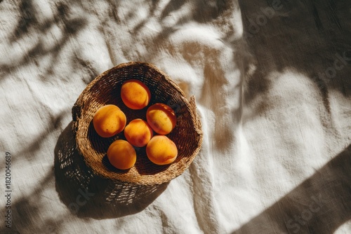 Fresh Apricots in Wicker Basket on Light Fabric Surface with Shadow and Natural Lighting