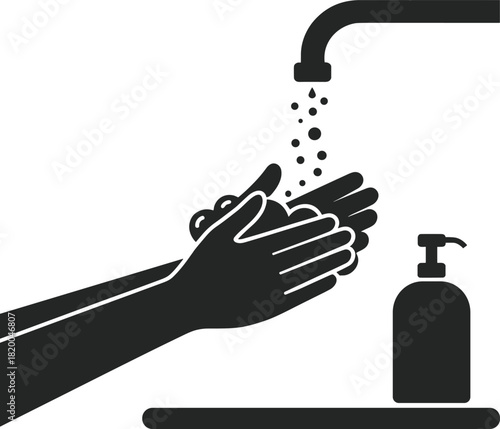 Hand washing with soap and water under faucet for hygiene, cleanliness, and health care safety prevention vector illustration design concept.