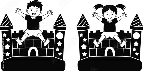Happy kids jumping on inflatable castle, fun playground vector illustration for children entertainment, amusement park activity and summer festival design concept