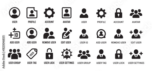 User profile and account settings filled icons collection for web applications and mobile interfaces
