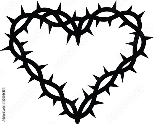 Heart shape made of thorn crown symbolizing love, pain, faith, and sacrifice in minimalist black vector illustration design concept.