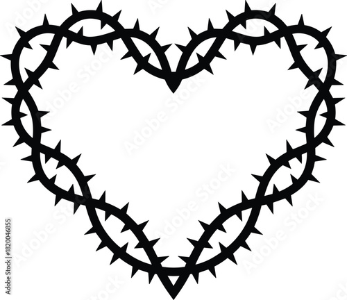Heart shape made of thorn crown branches symbolizing pain, love, faith, and sacrifice vector illustration design for tattoo or art.