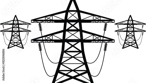 High voltage electricity pylons vector illustration showing power transmission towers, energy infrastructure, electric lines, and industrial engineering structure concept design.