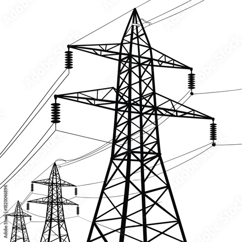 High voltage electricity transmission towers vector illustration showing power lines, energy infrastructure, electric grid,