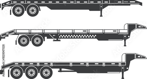 Industrial heavy-duty flatbed trailer vector illustration showing multiple transport trailer designs for logistics, cargo shipping, trucking, and freight transportation industry