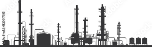Industrial oil refinery factory silhouette vector illustration showing petrochemical plant, energy production, and gas processing infrastructure concept design.