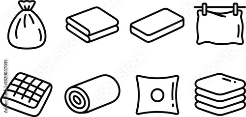 Laundry and fabric item icon set with towel, blanket, pillow, and washing symbols, clean household vector illustration collection.