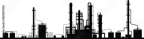 Industrial refinery factory silhouette vector illustration showing oil processing plant, chemical industry, and energy production infrastructure concept design.